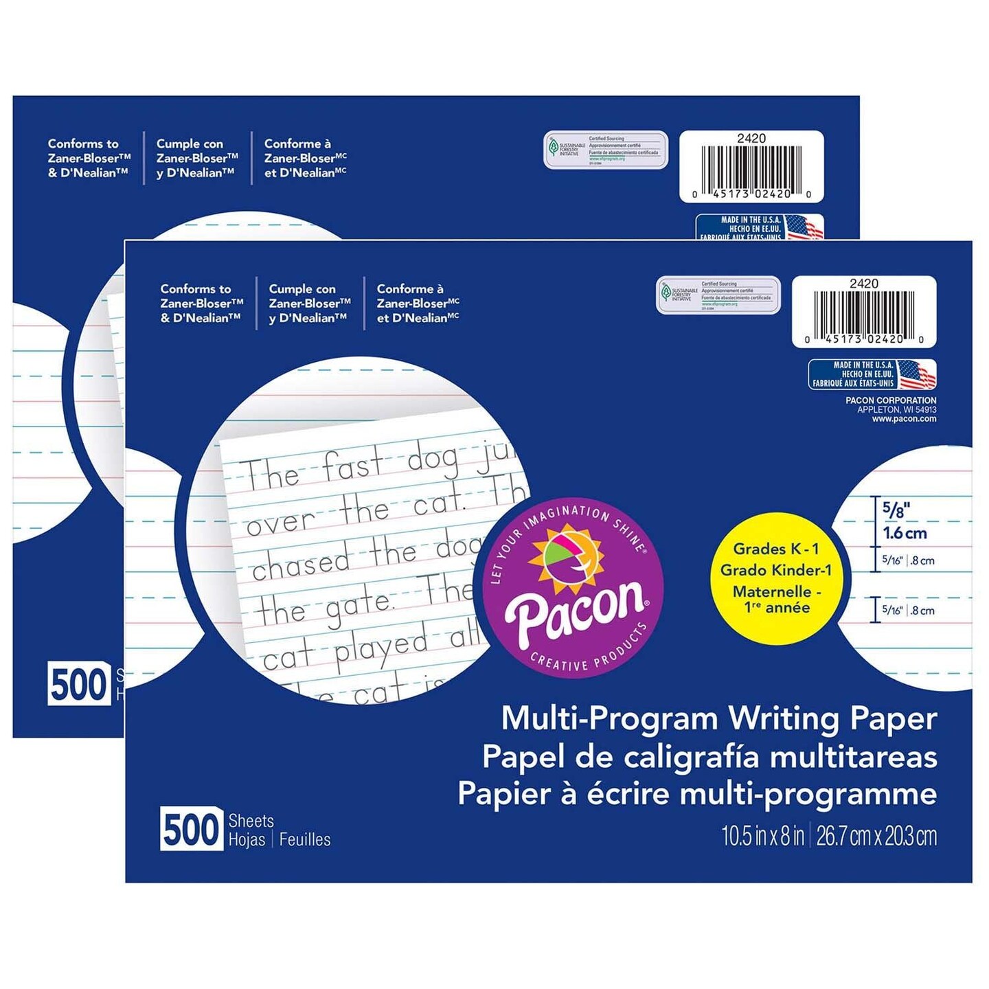 Multi-Program Handwriting Paper, 5/8&#x22; Ruled (Long Way), White, 10-1/2&#x22; x 8&#x22;, 500 Sheets Per Pack, 2 Packs