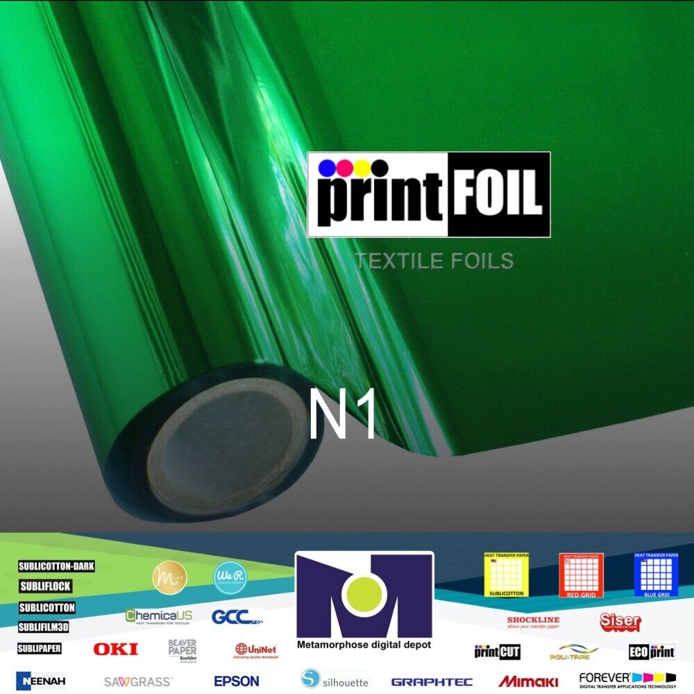 PrintFOIL Metallic Foil Heat Transfer Vinyl Green Iron On Vinyl 12&#x22; X 25ft for HTV Vinyl for DIY Tshirt,Bags,Garments