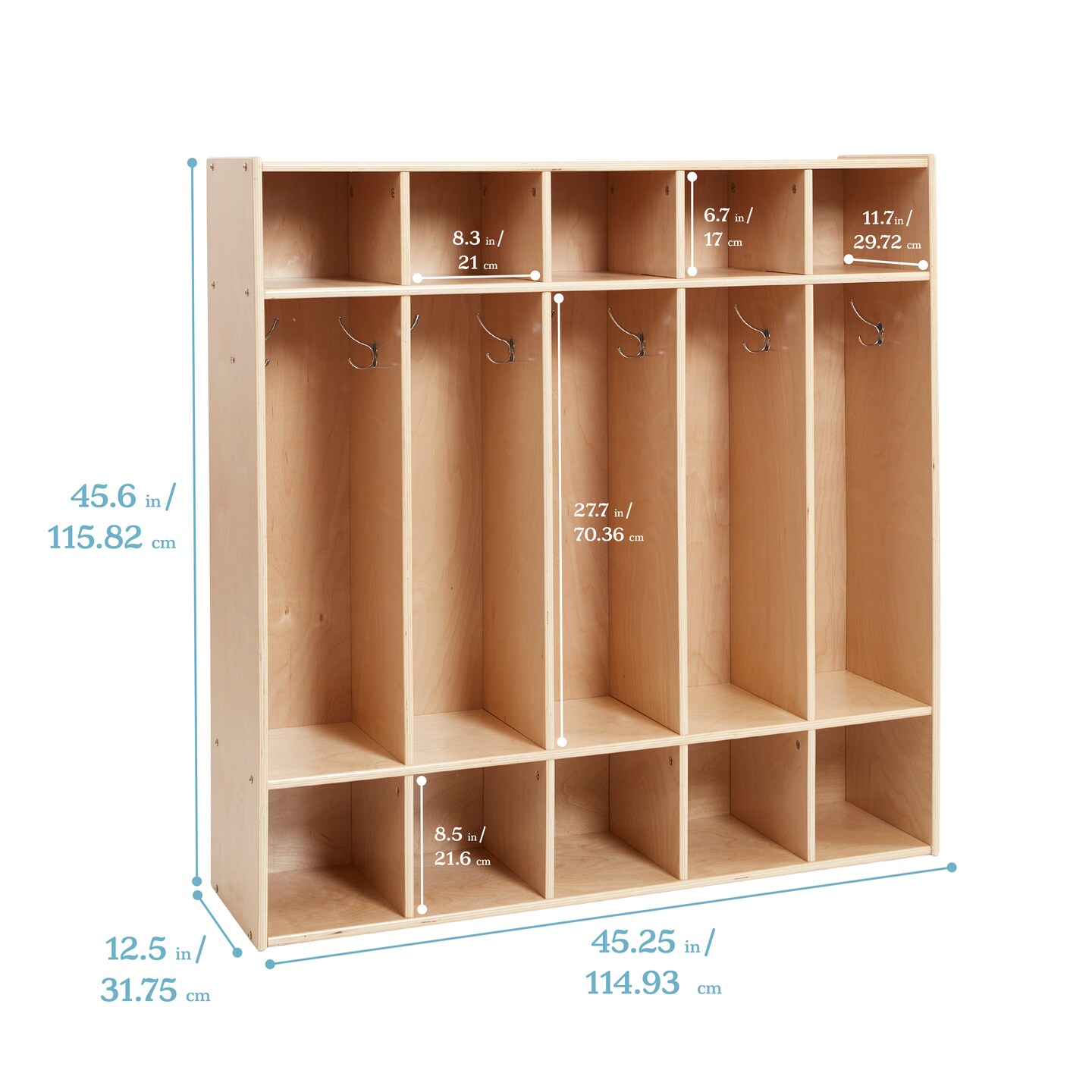 Streamline 5-Section Coat Locker with Scoop Front Storage Bins, Natural, Classroom Furniture