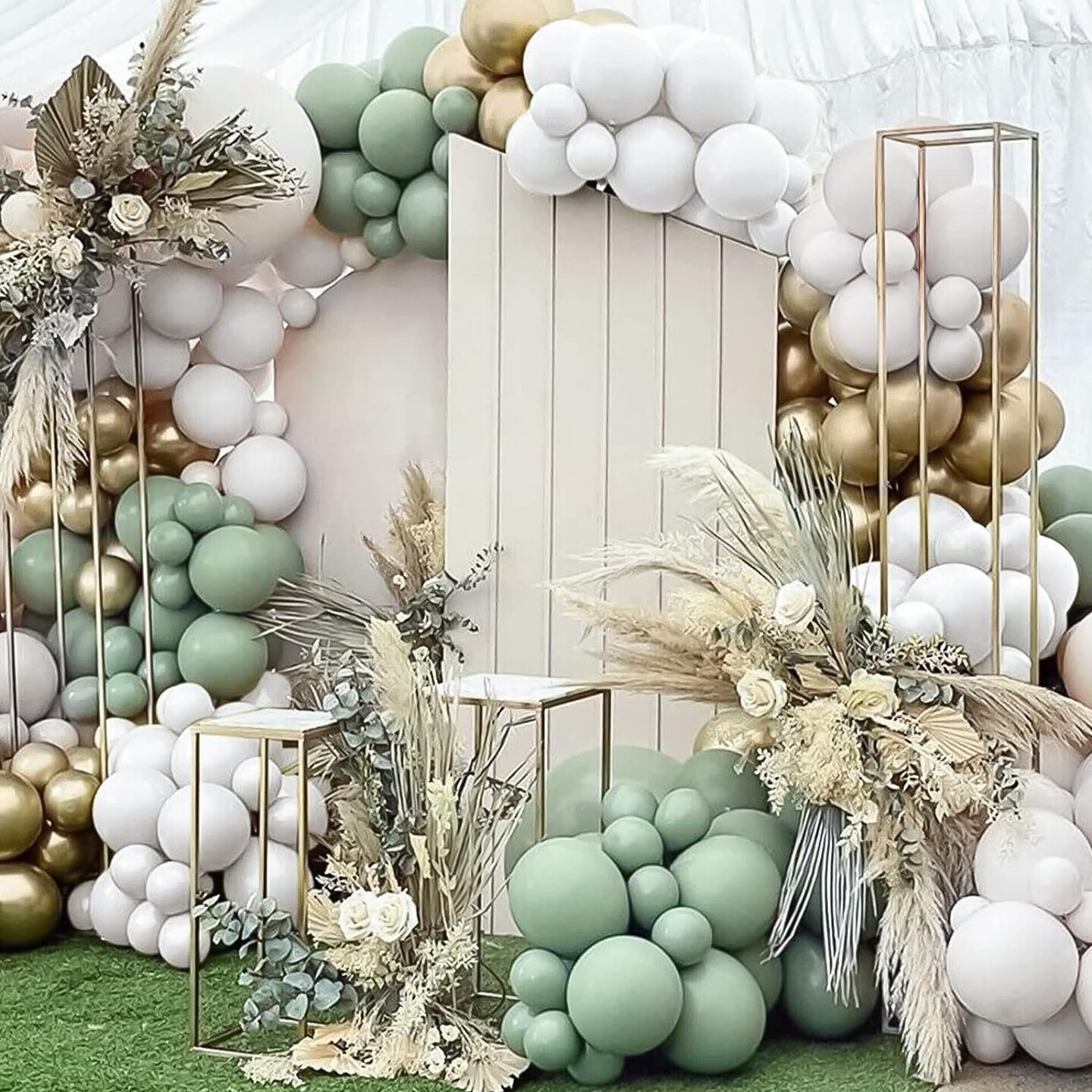 65Pcs 12 Inches Sage Green Gold Confetti Balloons Kit, Green White Metallic Gold Party Balloons with Ribbons for Birthday, Wedding, Baby Shower, Graduation, Eucalyptus Party Decorations