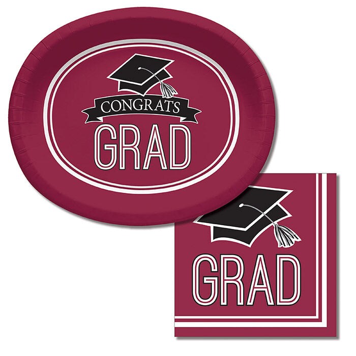 Burgundy Graduation Red Paper Oval Platters, 10&#x22; X 12&#x22; (8/Pkg)