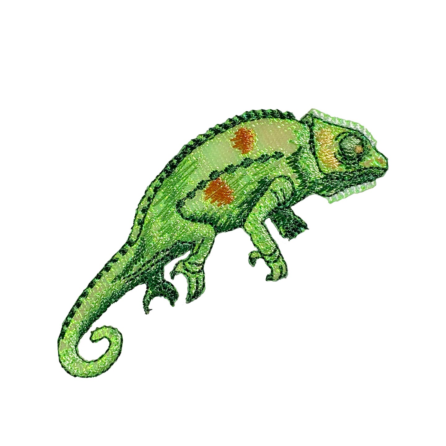 Green Shimmery Chameleon, Lizard, Facing Right, Embroidered Iron-on Patch