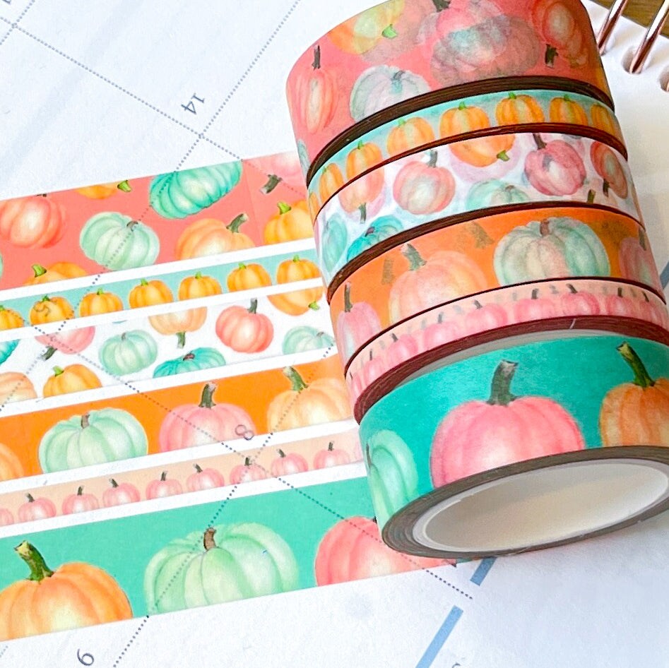 Pastel Boho Teal Pink &#x26; Orange Pumpkins Washi Tape Set (#W068)