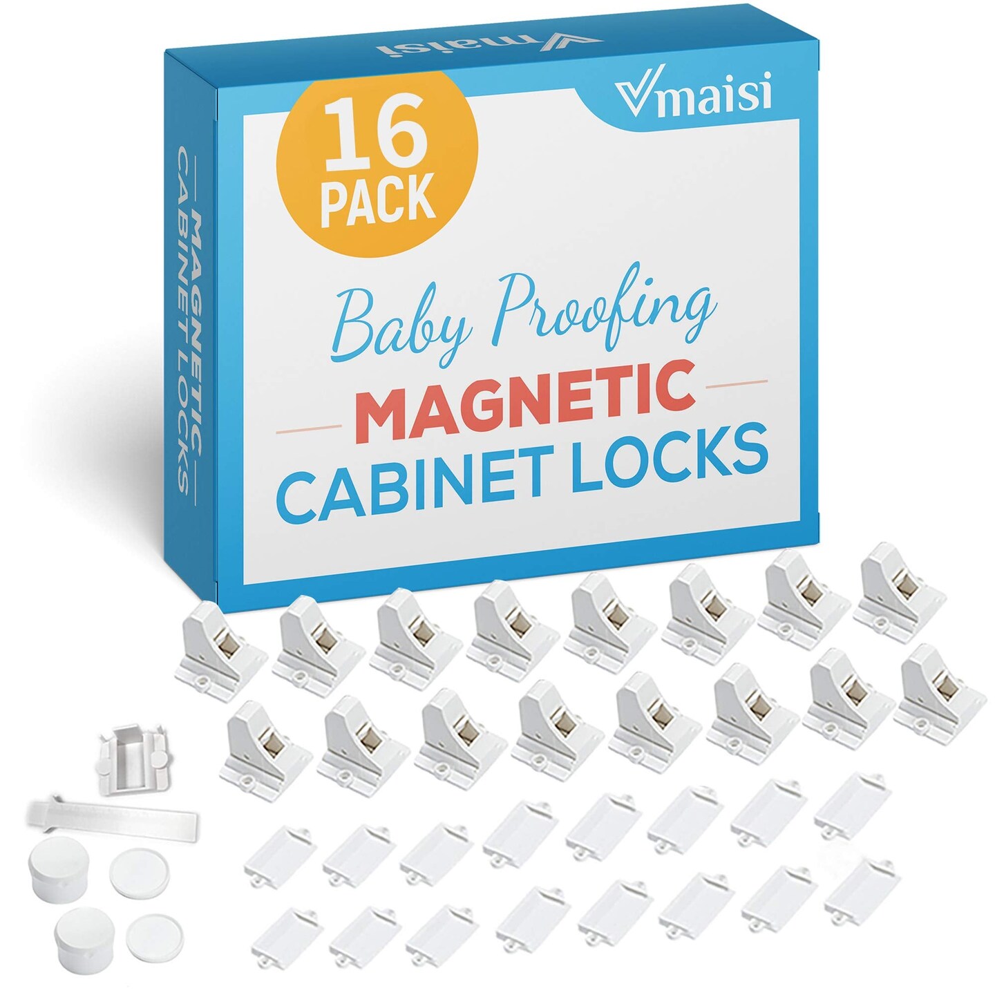 Adhesive Magnetic Locks for Cabinets & Drawers (16 Locks and 2 Keys)