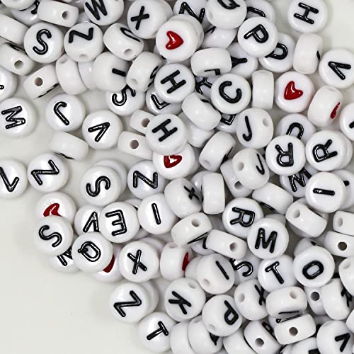 1450 Pieces Letter Beads, Acrylic 4x7mm Round Letter Beads Kits, Alphabet Beads A-Z and Red Heart Black Star Beads for Bracelets Necklaces DIY Jewelry Making (White)