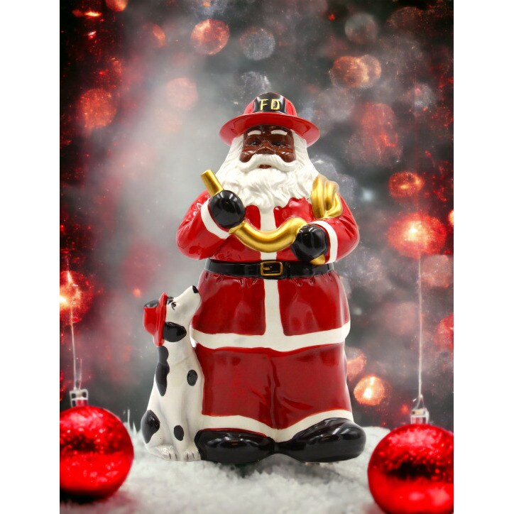 kevinsgiftshoppe African American Firefighter Christmas Santa with Dalmation Dog Cookie Jar Home Decor  Him Dad Mom Kitchen Decor