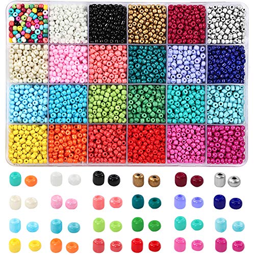 OUTUXED 7200pcs 4mm Glass Seed Beads for Bracelets Making Kit 300pcs Alphabet Letter Beads for Jewelry Making and Crafts with Elastic String Cords, Tweezers and Accessories DIY Material