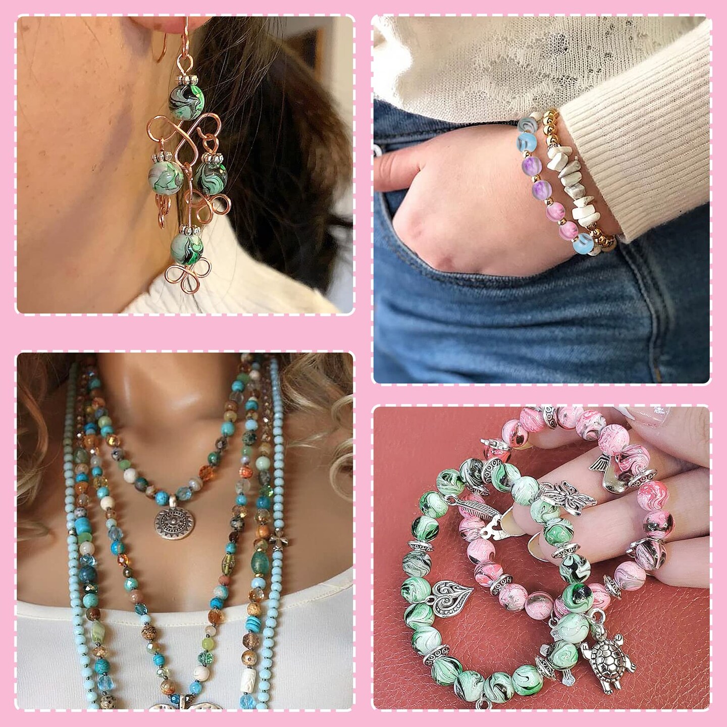 500 Pieces Craft Beads for Jewelry Making, for Bracelets Making,Space Acrylic Beads in Ink Patterns with 50pcs Spacer Beads and Crystal String (8mm)