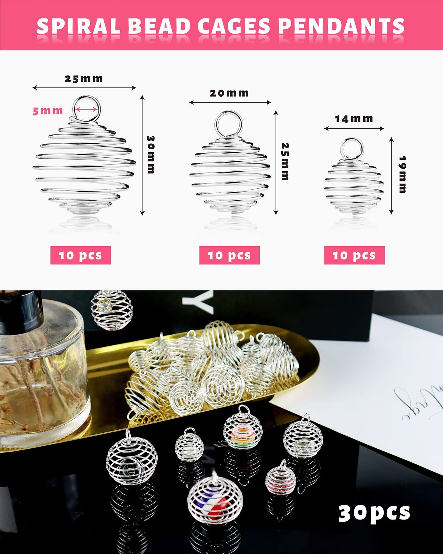 30 Pieces Spiral Bead Cages Pendants, 3 Sizes Silver Plated Stone Holder Necklace Cage Pendants Findings for Jewelry Making and Crafting