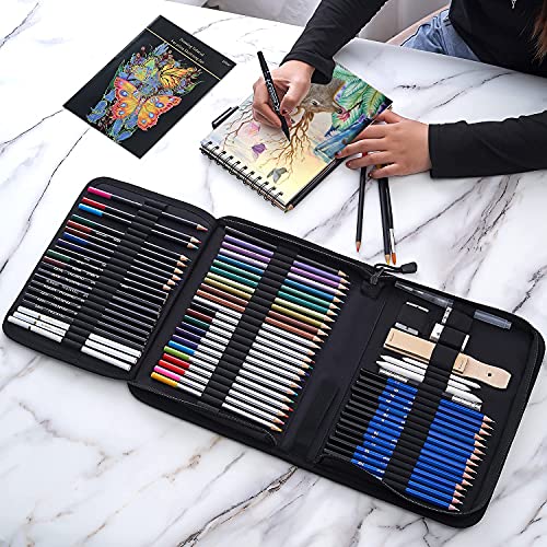 76-Pack Drawing Set Sketching Kit Pro Art Supplies with 3-Color Sketchbook Includes Tutorial Colored, Graphite, Charcoal, Watercolor, and Metallic Pencils for Artists, Adults, Teens, and Beginners
