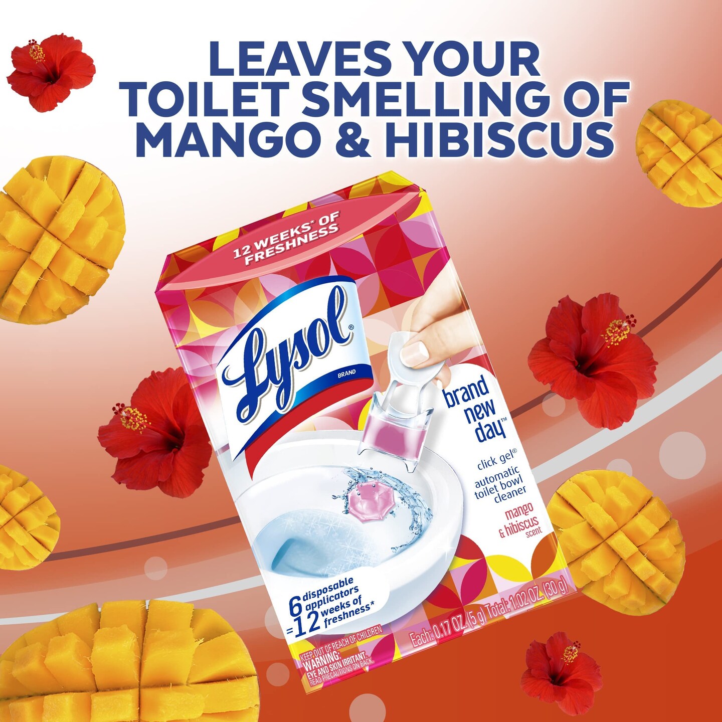 Click Gel Automatic Toilet Bowl Cleaner, Gel Toilet Bowl Cleaner, For Cleaning and Refreshing, Mango &#x26; Hibiscus, 6 applicators.