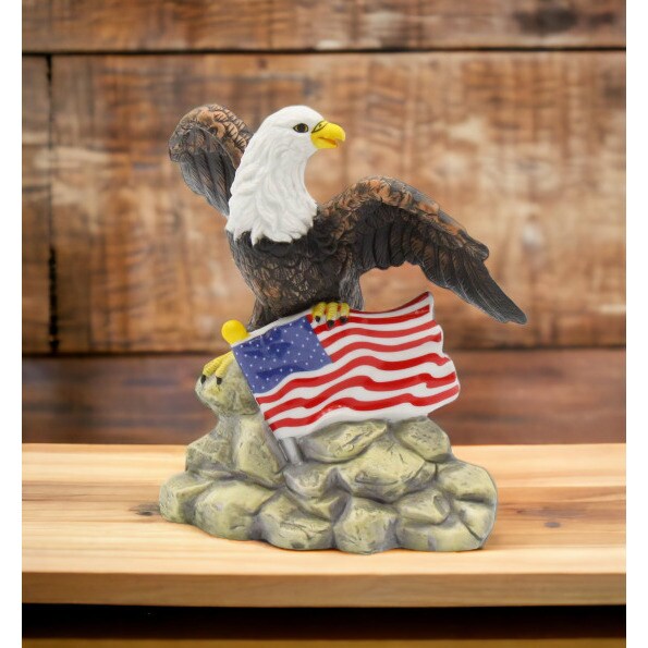 Ceramic Bald Eagle with American Flag Figurine, Home Décor Patriot Gift Ceramic