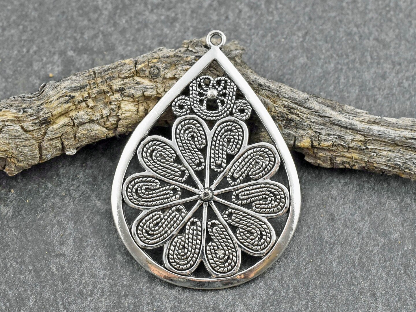 59x43mm Antique Silver Flower Teardrop Pendant