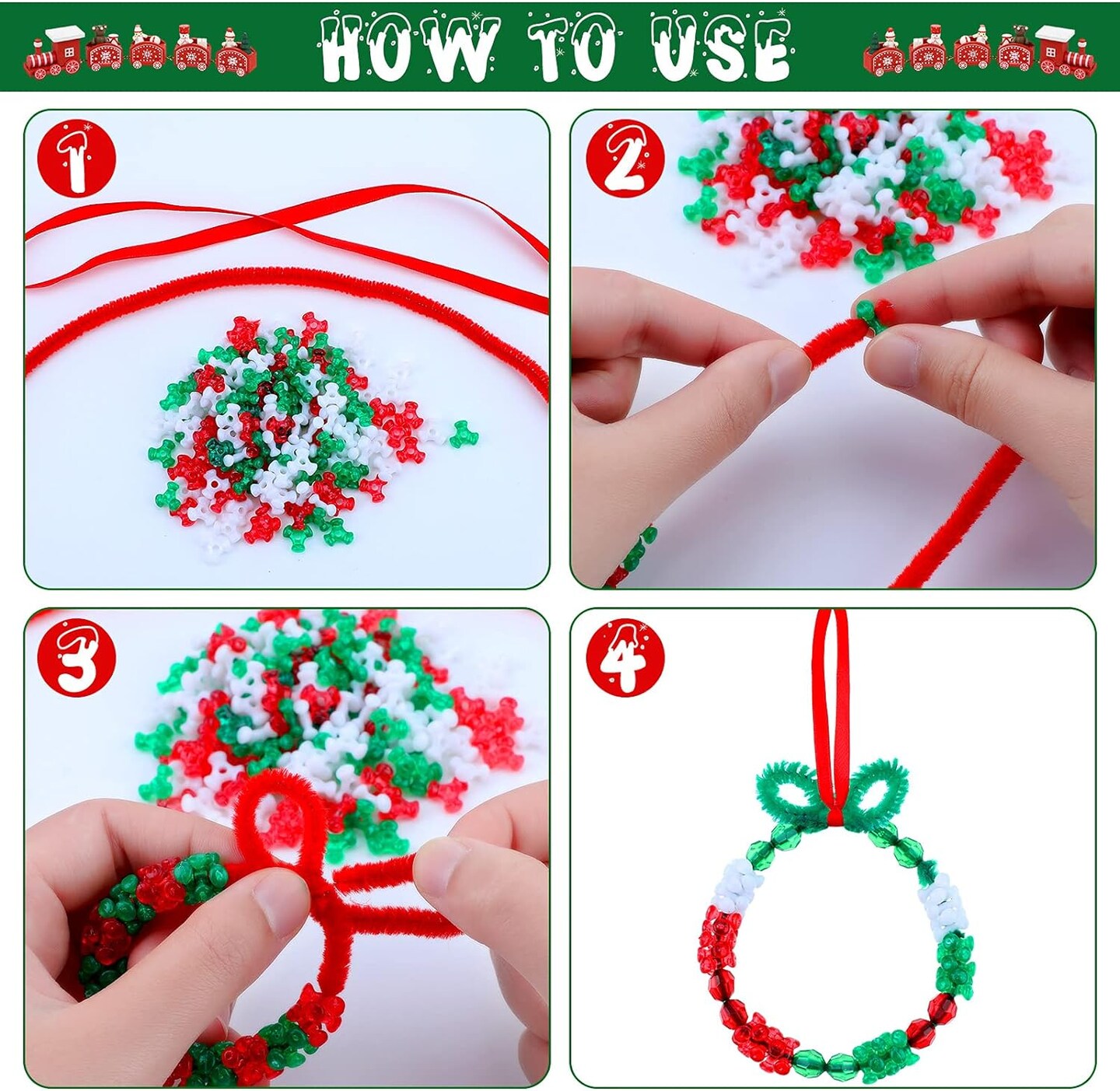 Christmas Crafts for Kids Christmas Beaded Ornaments Kit Plastic Tri Shaped Beads with Letter Xmas DIY Craft Wreath Candy Cane for Christmas Tree Hanging Decoration Holiday Party