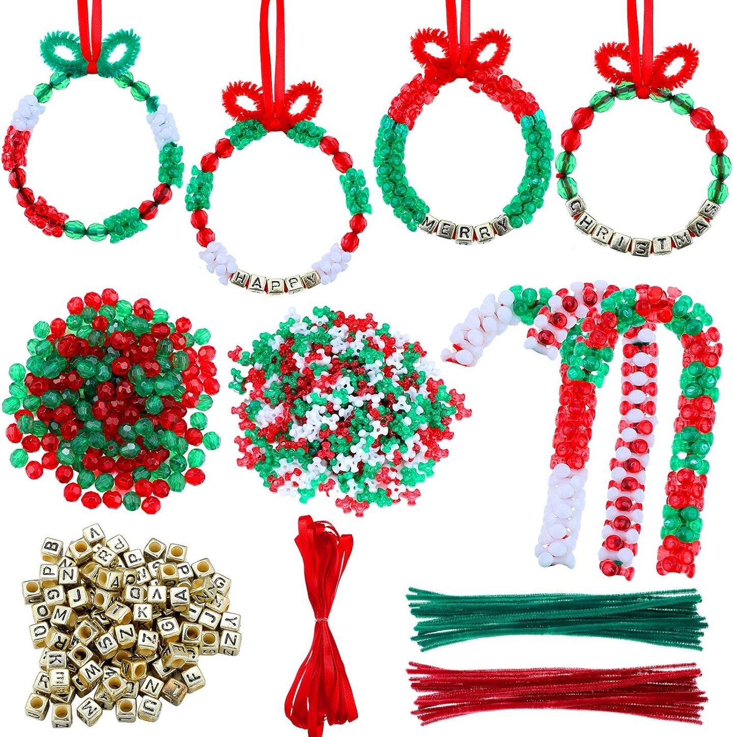 Christmas Crafts for Kids Christmas Beaded Ornaments Kit Plastic Tri Shaped Beads with Letter Xmas DIY Craft Wreath Candy Cane for Christmas Tree Hanging Decoration Holiday Party