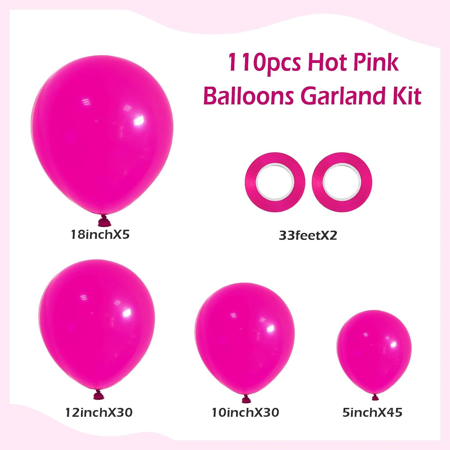 110pcs Hot Pink Balloon Garland Arch Kit, 18 12 10 5 inch Hot Pink Latex Balloons Different Sizes Pack for Birthday Baby Shower Bridal Shower Wedding Bachelorette Party Decorations