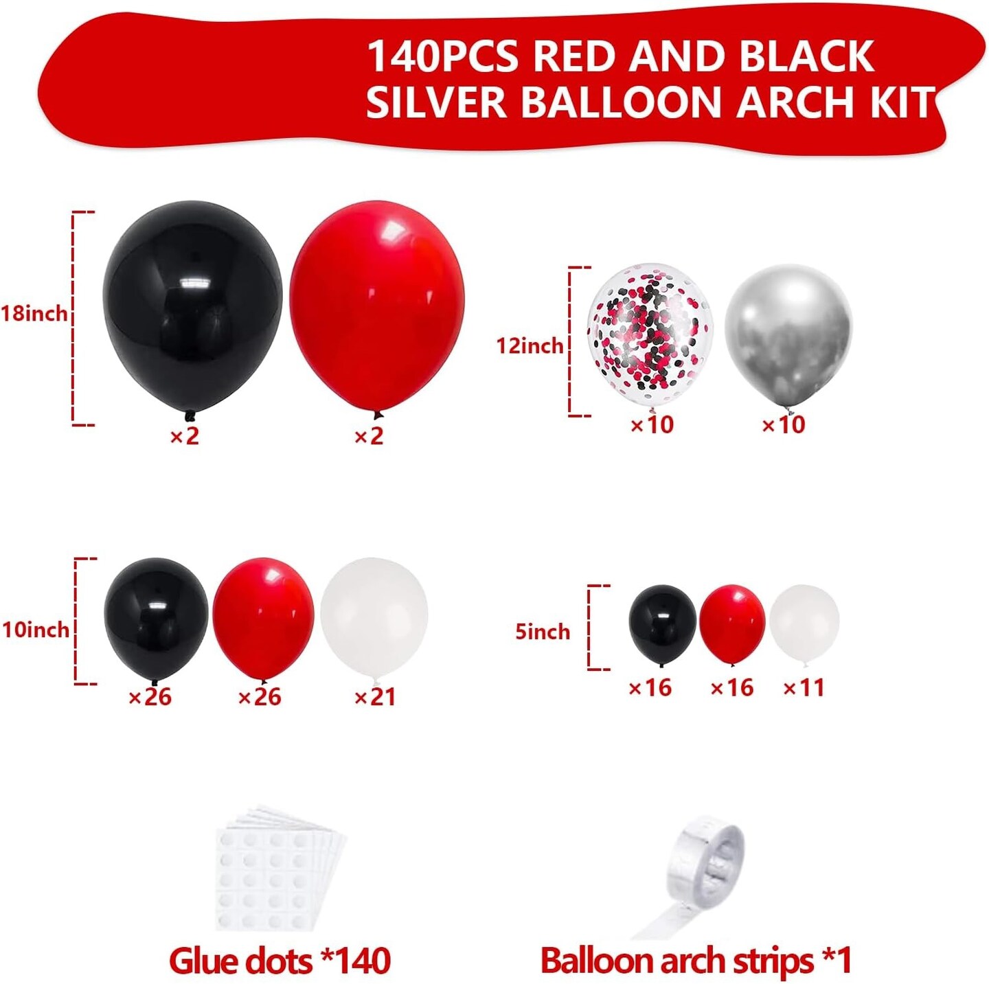 Red Black and White Balloon Arch Kit, 140Pcs Red and Black White Silver Garland kit, 18 12 10 5 Inch Different Size Balloons for Birthday Party Anniversary Racing Car New Year Prom Decorations