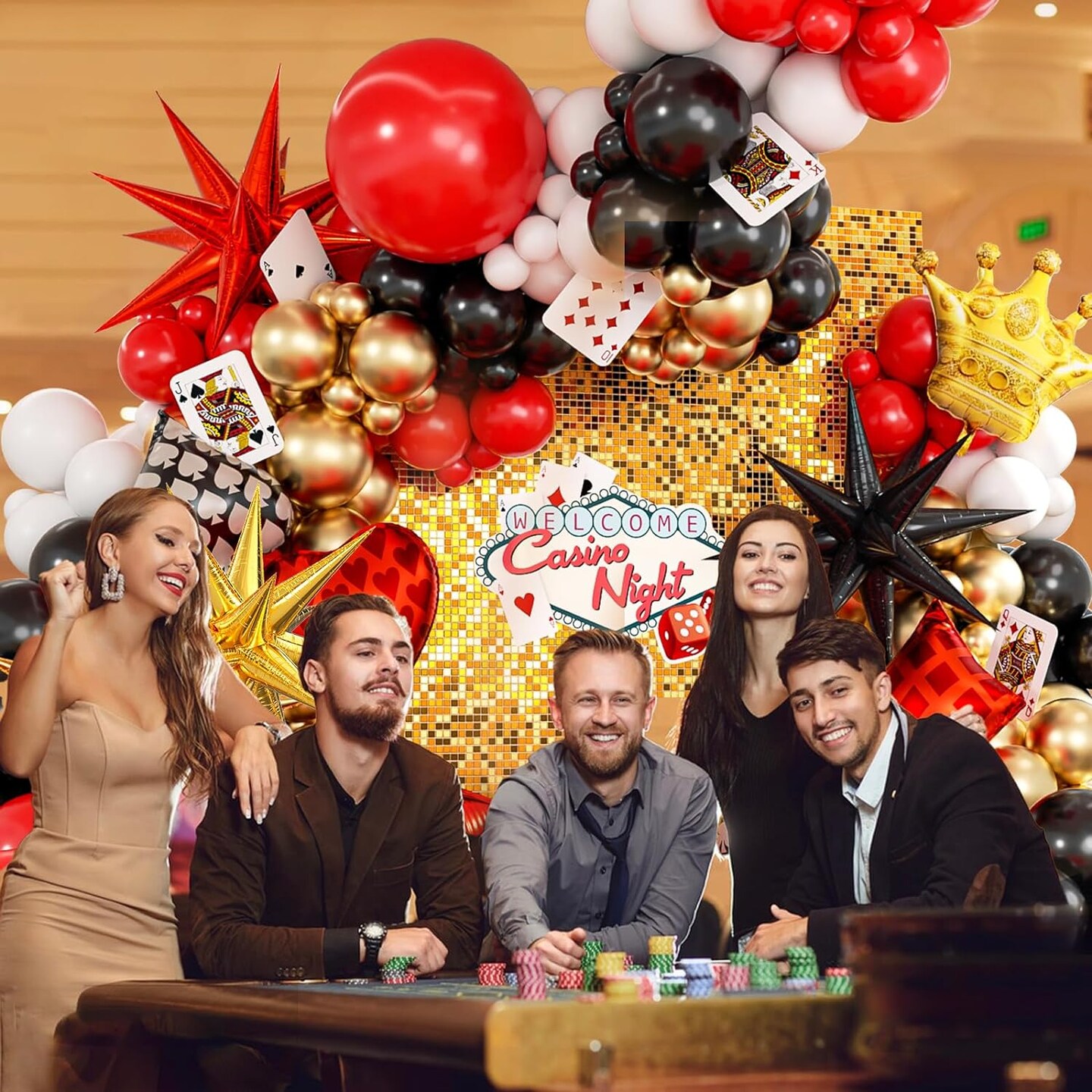 165pcs Casino Balloon Arch Garland Kit, Red Black Gold Balloons with Starburst Crown Dice Poker Foil Balloons for Birthday Casino Night Las Vegas Casino Theme Party Decorations