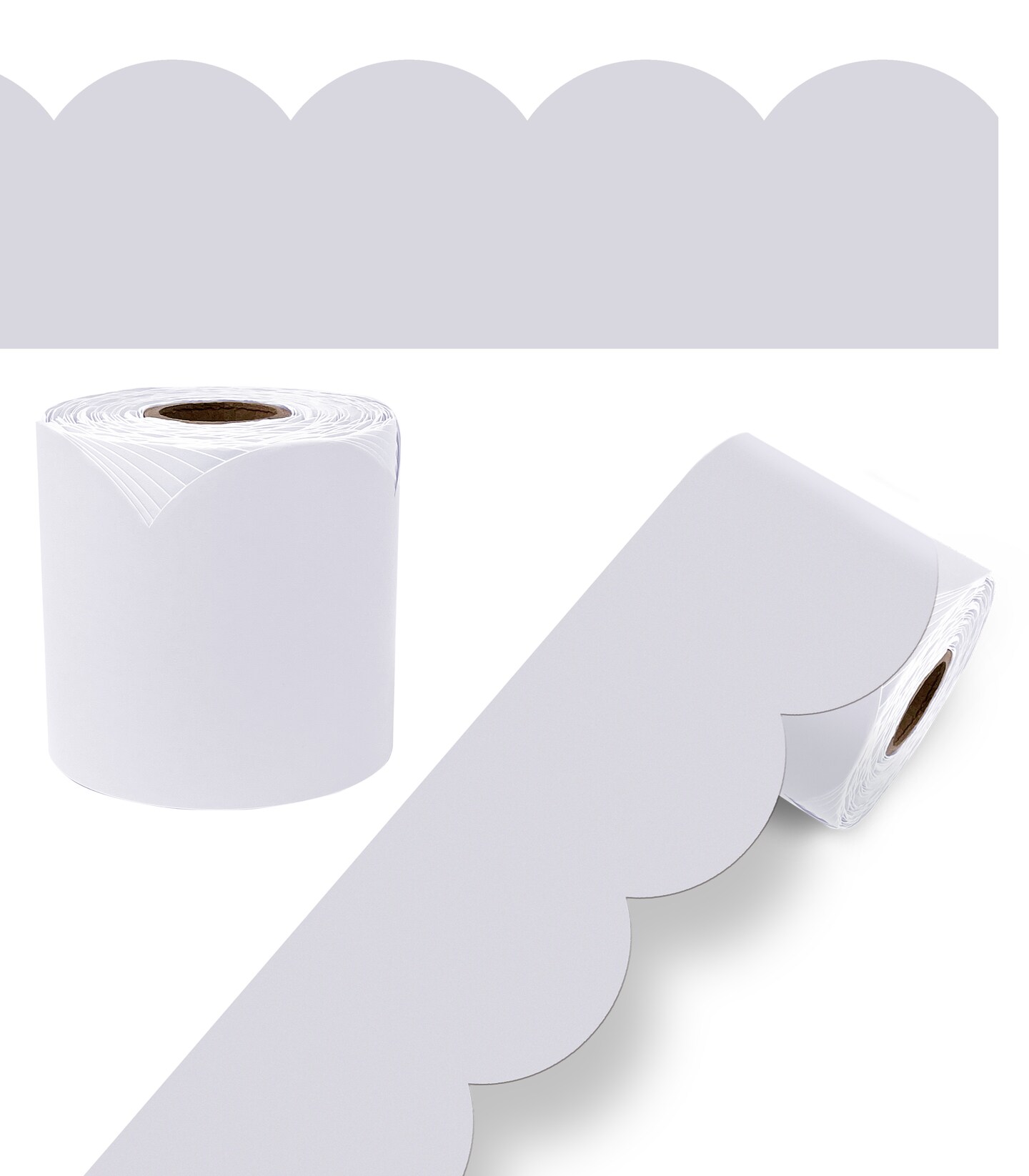 Carson Dellosa 65Ft of Light Gray Bulletin Board Borders, 1 Roll of Grey Scalloped Trim for Rolling Whiteboard, Cork and Posterboard, Party, Office Decorations, and Classroom Decor