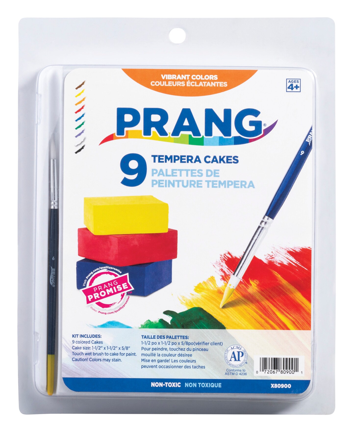 Prang Tempera Paint Cake Set with Brush, Assorted Colors, Set of 9