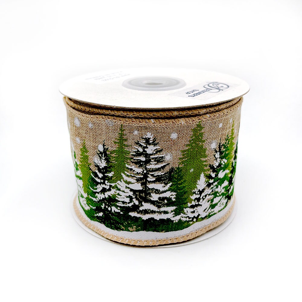 Designer&#x2019;s Shop WR 63-5192 Holiday Snowy Pine Trees Wired edge ribbon 2.5&#x201D; x 10 yard