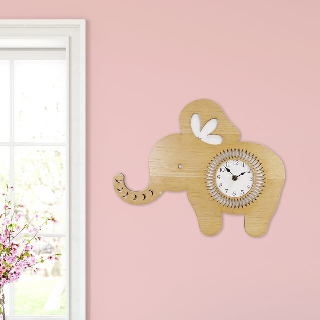 Sterling &#x26; Noble Indoor Light Wood Elephant Shaped Analog Wall Clock