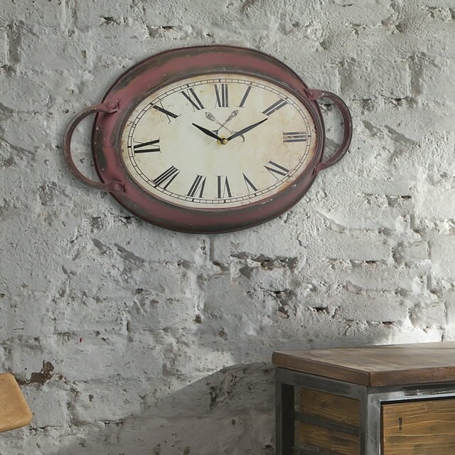 Stonebriar 16.5&#x22; Red Analog Oval Farmhouse Battery Operated Wall Clock