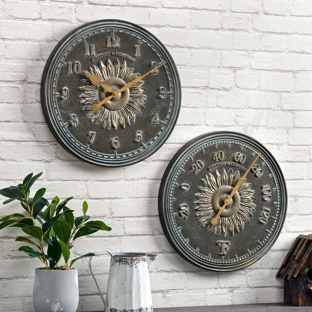 FirsTime &#x26; Co. Verdigris Calisto Sunflower Outdoor Wall Clock And Thermometer 2-Piece Set, Rustic, Analog, 16 x 1.12 x 16 in