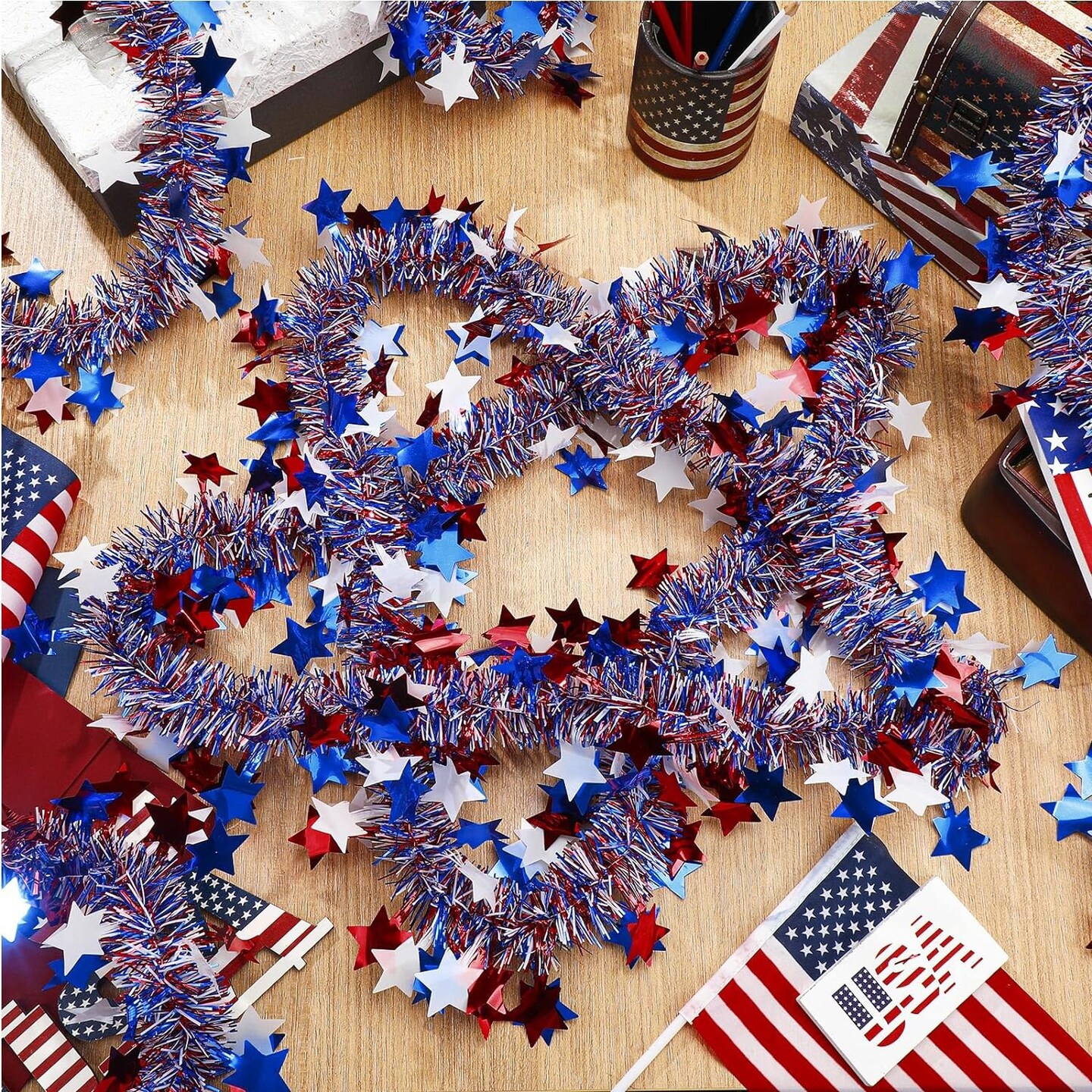 2-Pieces 80 Ft Patriotic Star Tinsel Garland