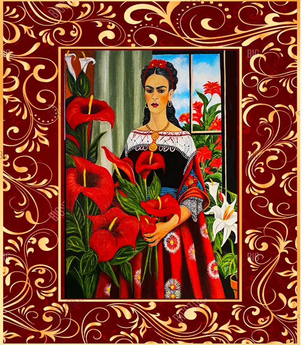 Frida Kahlo 9 x 12 Oil Painting on Canvas, Original Art, Floral