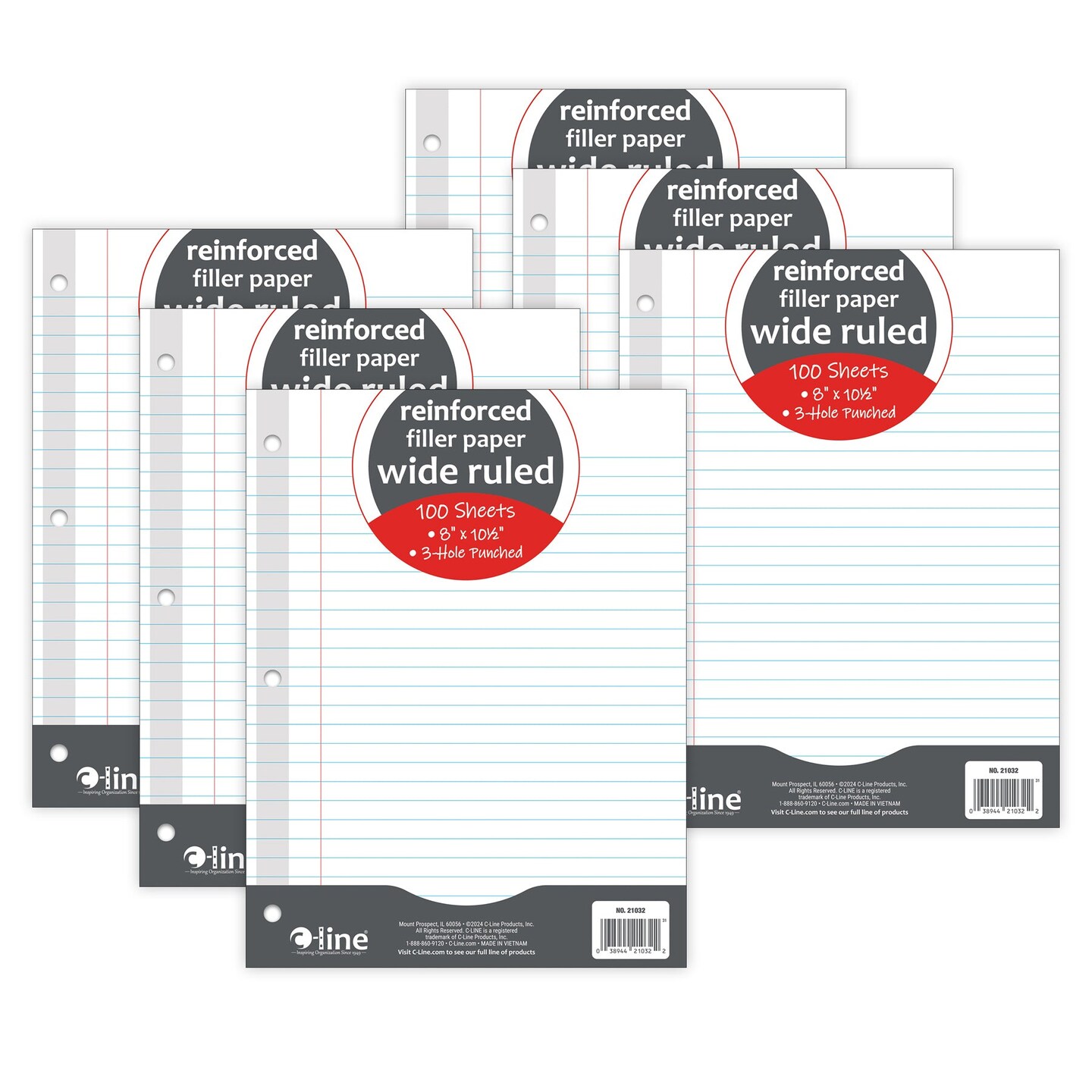 Reinforced 3-Hole Punched, Filler Paper, Wide Rule, 10.5&#x22; x 8&#x22;, 100 Sheets Per Pack, 6 Packs