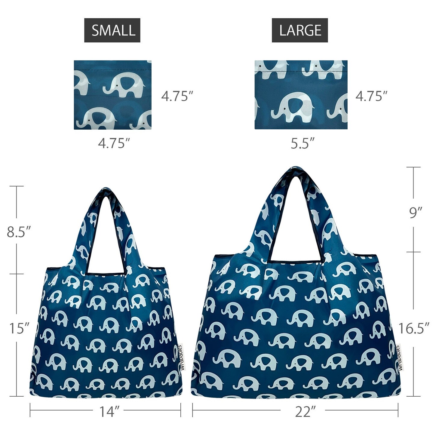 Wrapables Large & Small Foldable Tote Nylon Reusable Grocery Bags, Set of 2, Happy Elephants