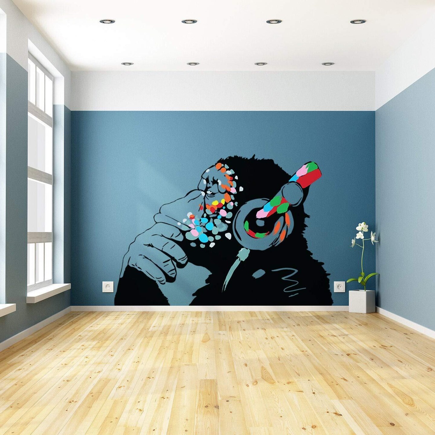 Banksy Thinking Monkey Sticker   Art Vinyl Street Dj Baksy Wall Decal   Headphones Chimp Music Thinker Graffiti Mural   Boy Smart Decals