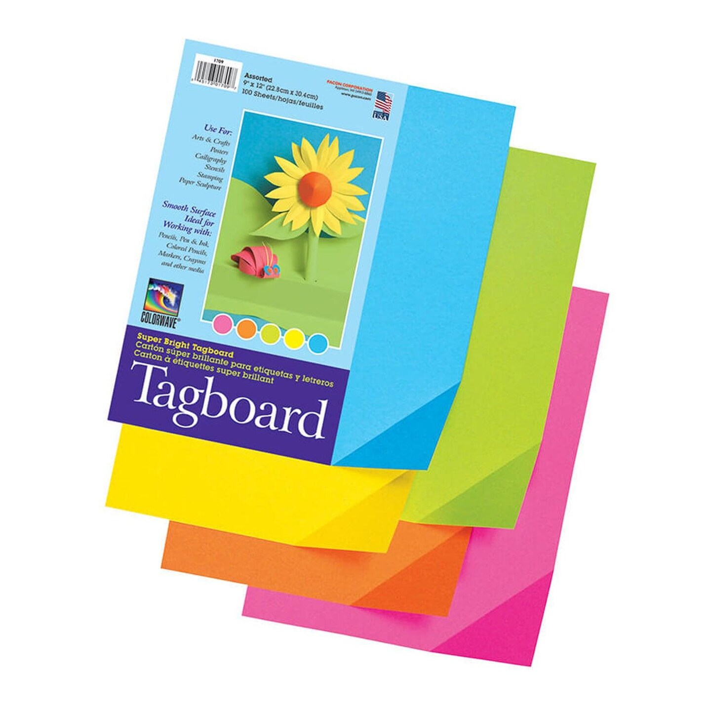 Super Bright Assorted Tagboard, 5 Super Bright Assorted Colors, 9&#x22; x 12&#x22;, 100 Sheets