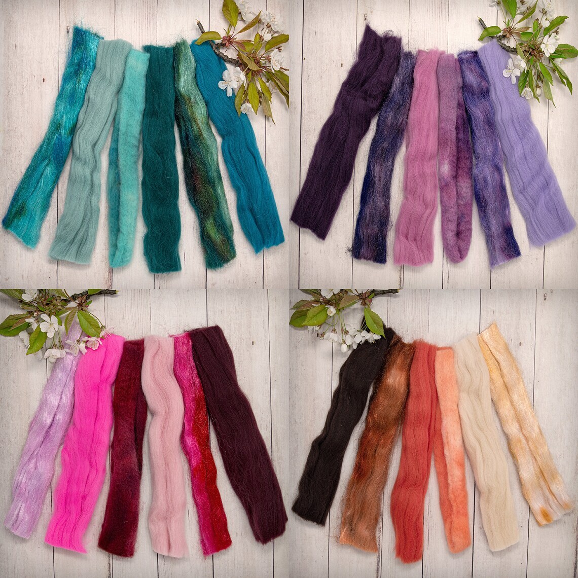 Multi Fiber Sampler - Super soft merino roving, hand dyed BFL wool & sparkling Firestar for felting, spinning, doll making