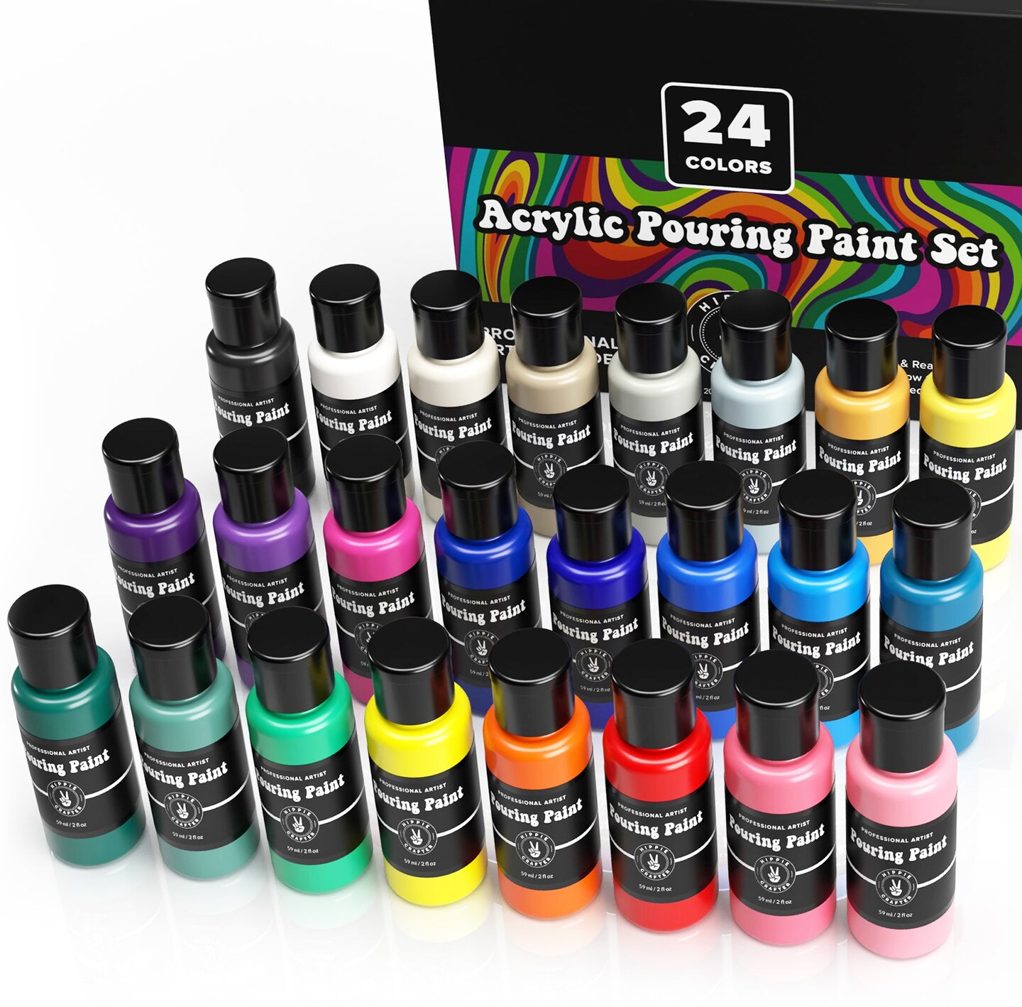 Acrylic Pouring Paint, Set of 18 Assorted Colors | 2oz Bottles of Premixed Ready to Pour Acrylic Paint, No Mixing Medium Required | Non-Toxic High