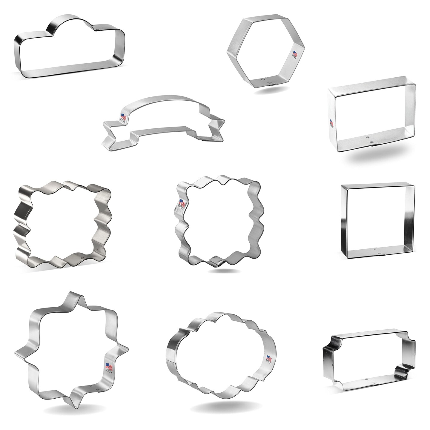 CookieCutter.com Frames &#x26; Plaques Cookie Cutter 10 Pc Set, 3 - 5 in Banner Tin Plate Steel, USA