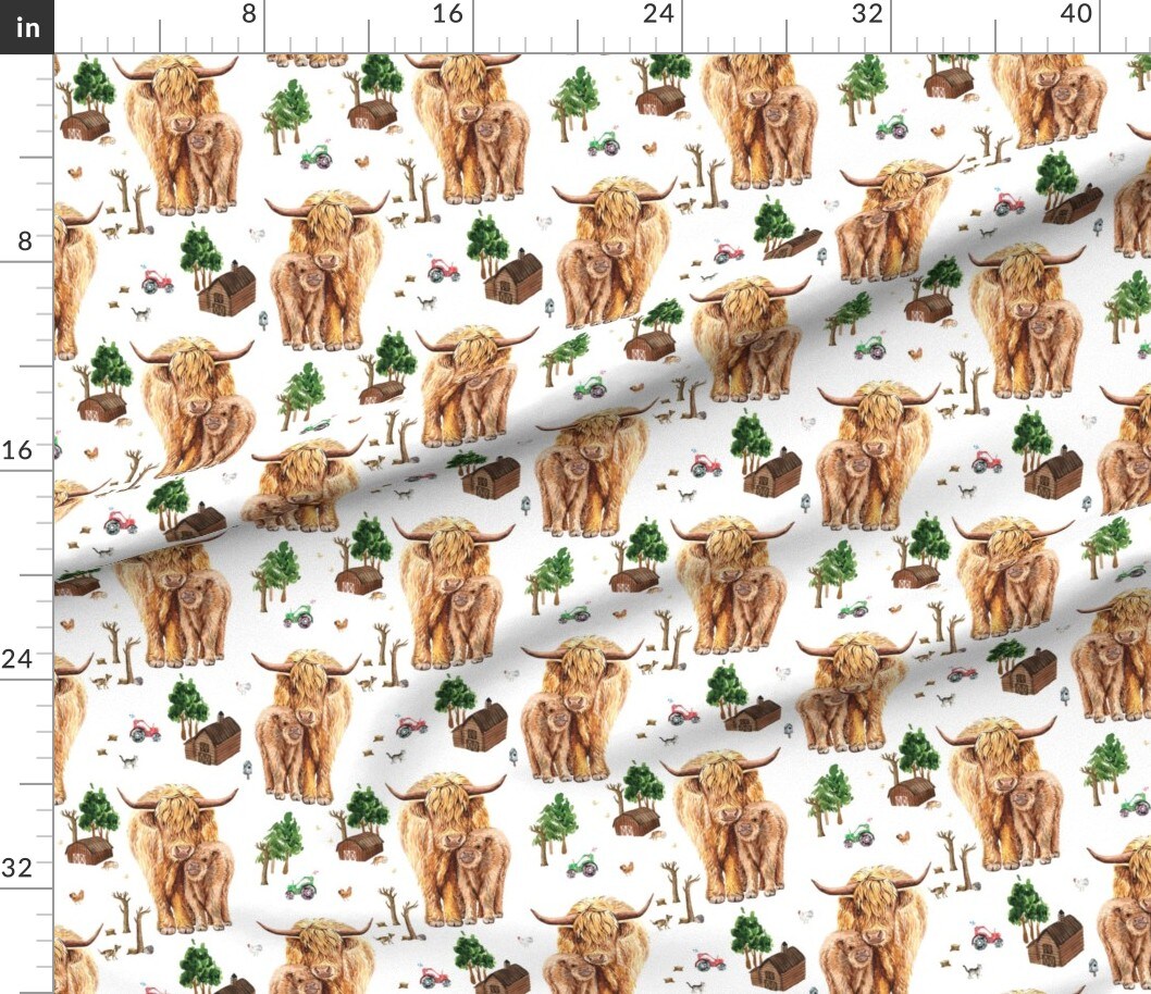 Legacy Creations Highland Cows Pattern 15 Fabric White Canvas / Yard