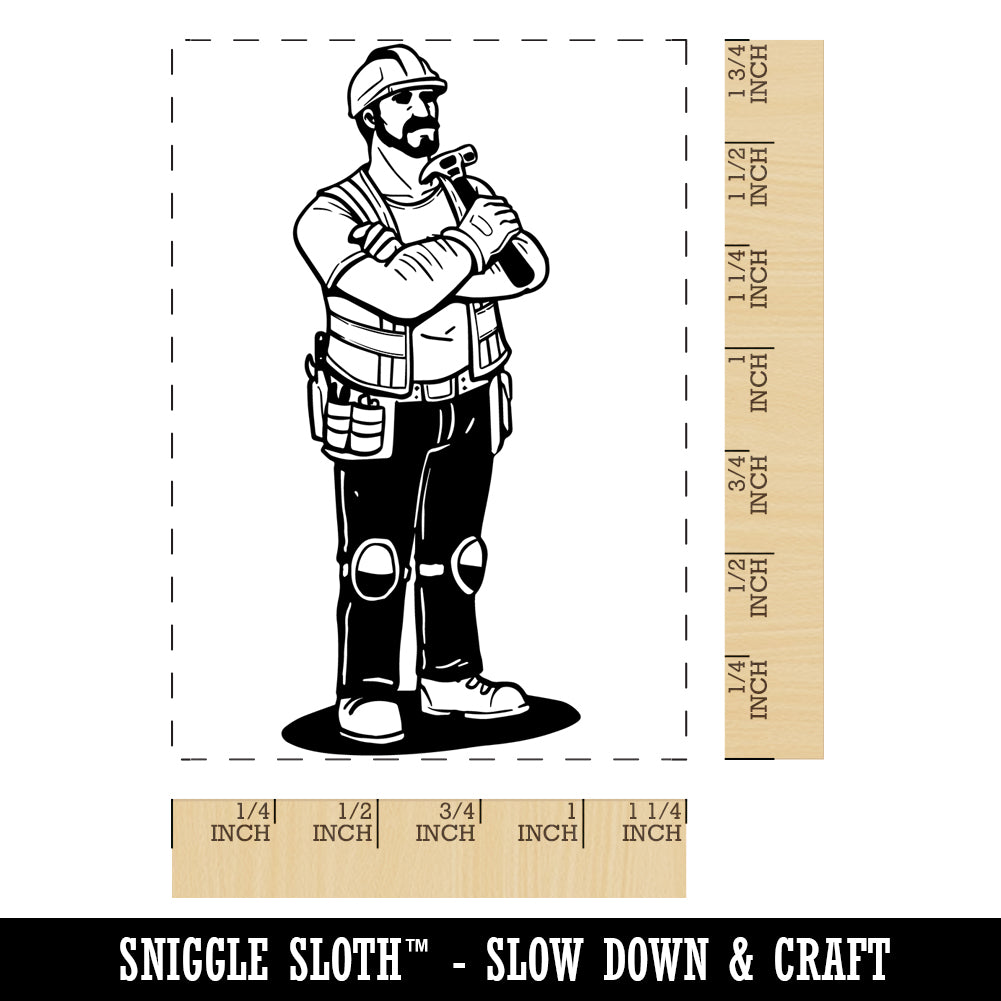 Construction Worker Builder Man With Hammer Rectangle Rubber Stamp for Stamping Crafting
