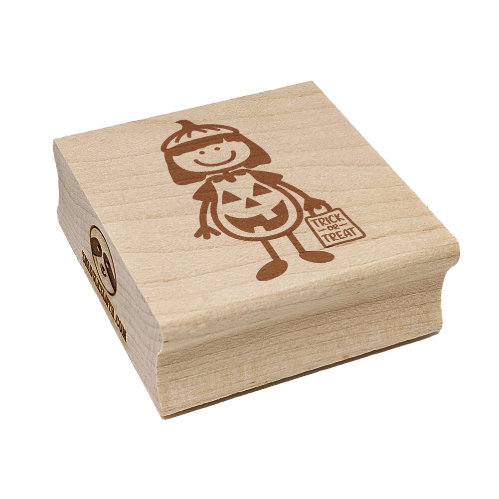 Stick Figure Girl Halloween Pumpkin Square Rubber Stamp for Stamping