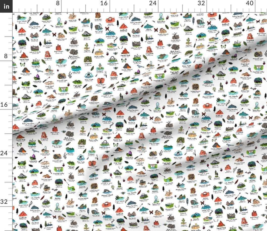 Petal Signature Cotton by the Yard or Fat Quarter White Trip Travel Mountains Adventure Vacation Green Blue Orange Animals Park Custom Printed Fabric by Spoonflower