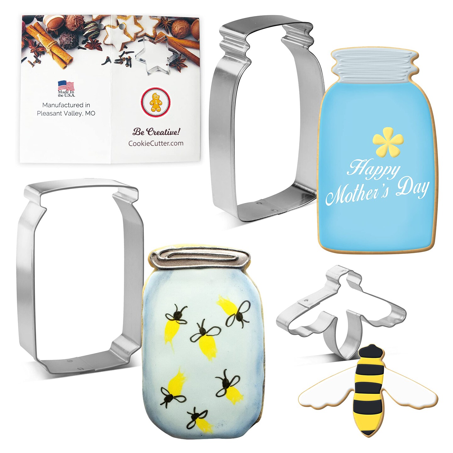 CookieCutter.Com Mason Honey Jars and Bee Cookie Cutter 3 Pc Set HS0463 with Sugar Cookie Recipe Card. USA Made