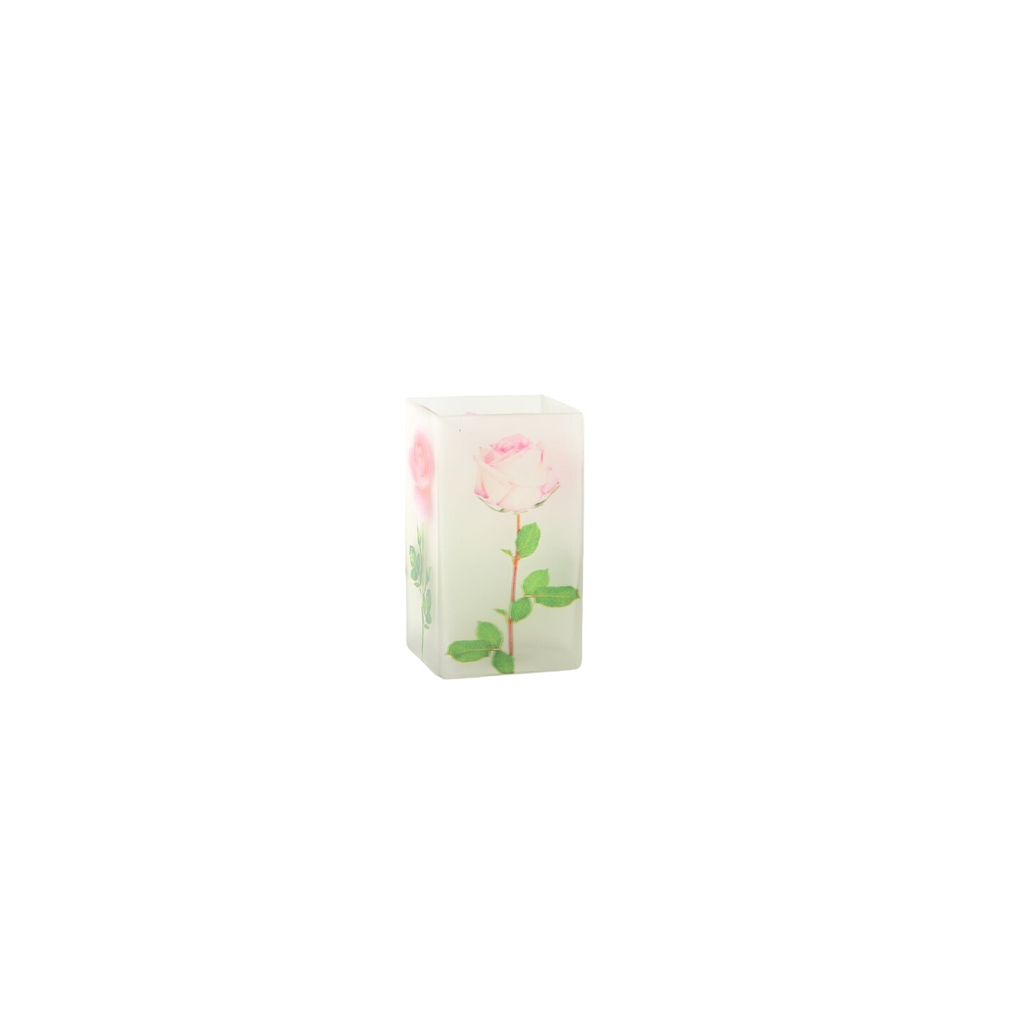 CC Home Furnishings 6.5" Clear Garden Rose Printed Square Flower Hand Blown Glass Vase