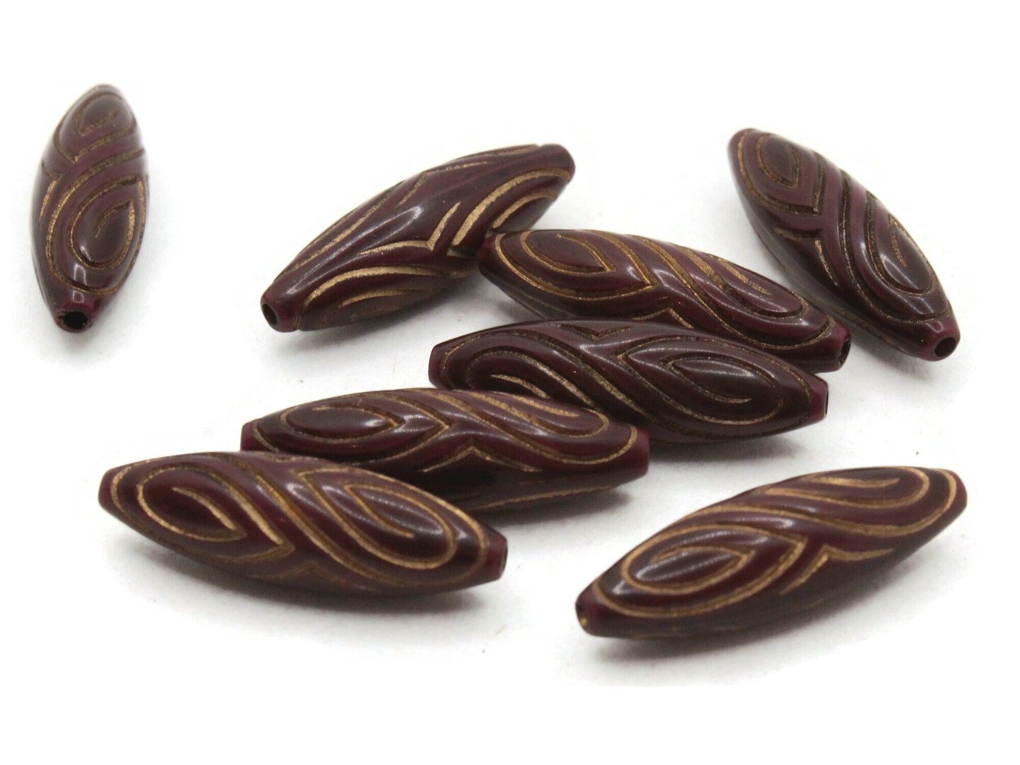 8 22mm Brown and Gold Patterned Vintage Plastic Tube Beads