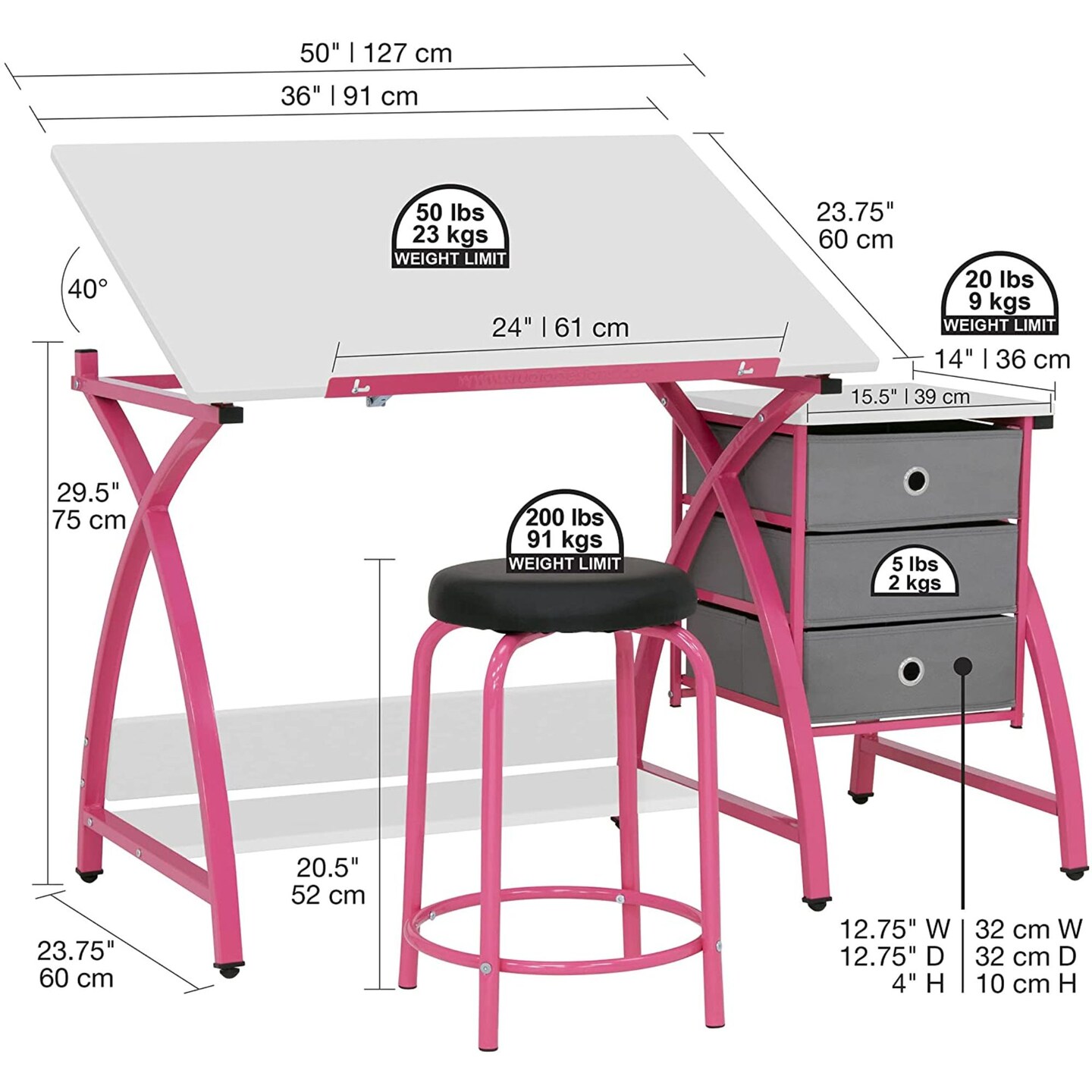 SD STUDIO DESIGNS 2 Piece Venus Craft Table with Angle Adjustable Top and Stool - Pink/White
