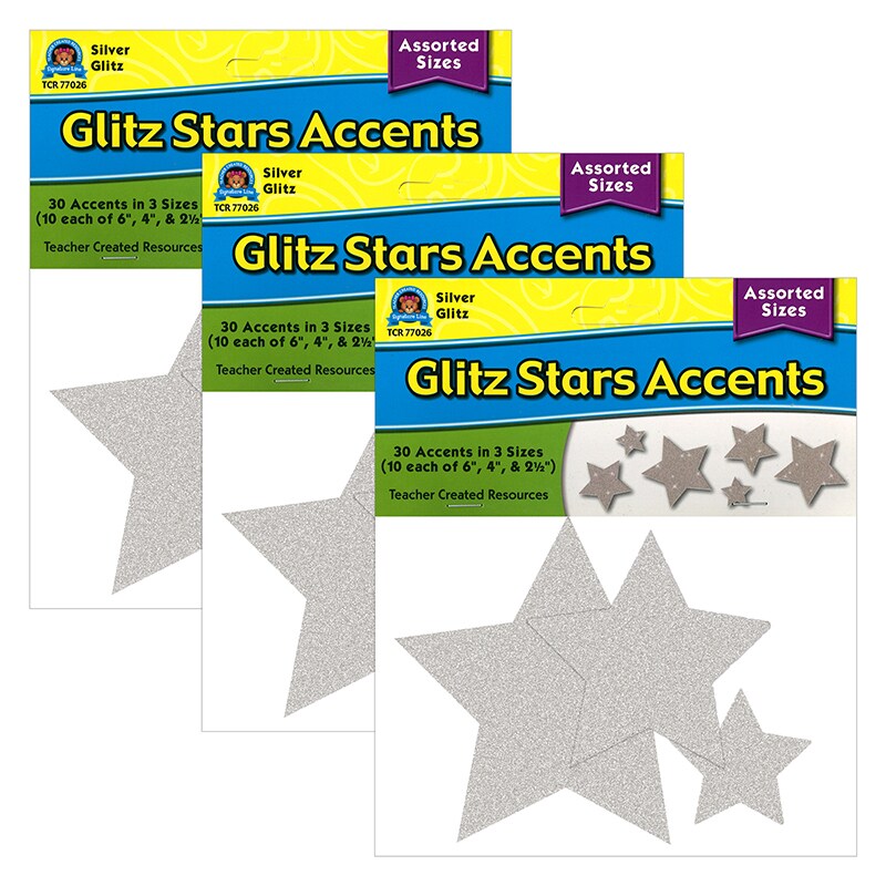 Silver Glitz Stars Accents, Assorted Sizes, 30 Per Pack, 3 Packs