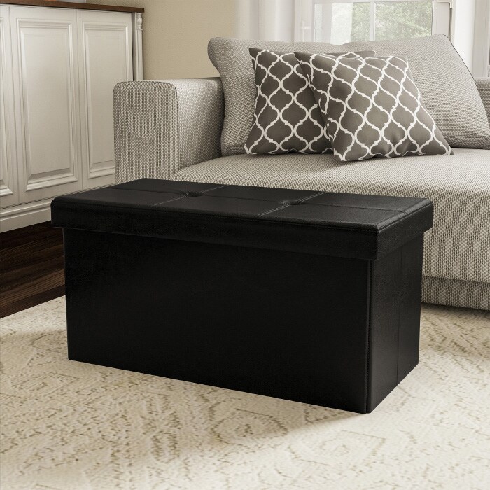 Black Foldable Storage Bench Ottoman 30X15 Tufted Faux Leather Cube Organizer