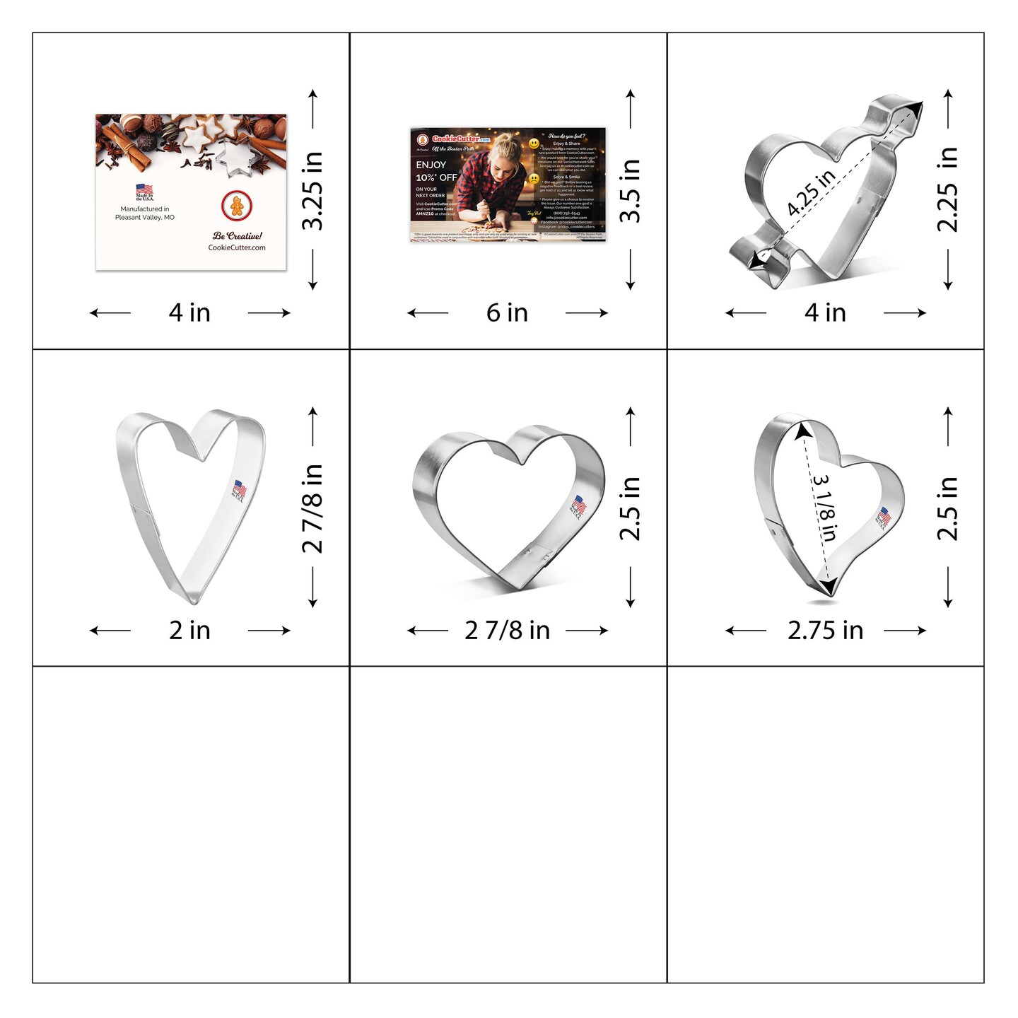 CookieCutter.com Heart 4 Piece Set, Sizes 3 in to 4.25 in, Tin Plate Steel, Handmade in the USA