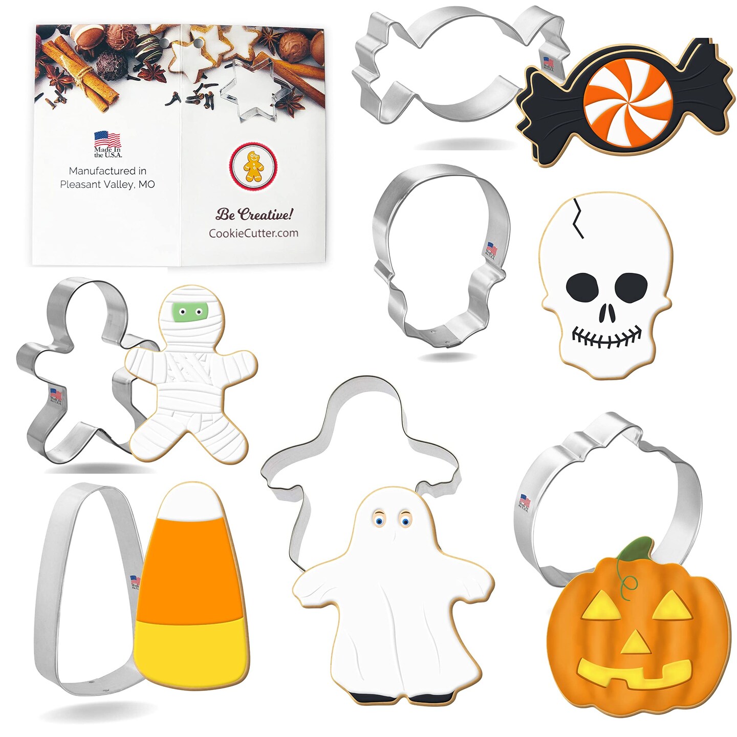 CookieCutter.Com Trick Or Treat Cookie Cutter 6 Pc Set HS0432 - 4 in Candy Corn, 3 in Pumpkin, 3.5 in Mummy Monster, 3.25 in Piece of Candy, 3.25 in Skull, 4.25 in Ghost Trick-or-Treater