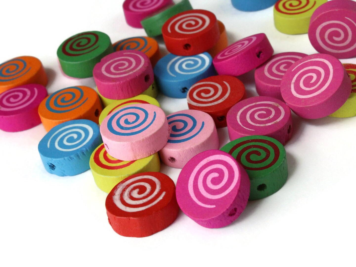 30 17mm Mixed Color Round Spiral Coin Wood Beads